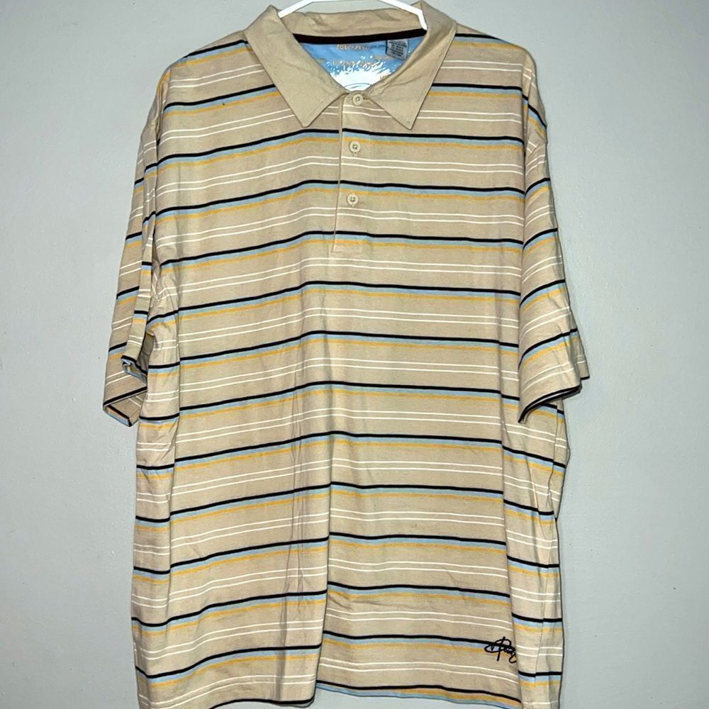 Point Zero tan striped short sleeve polo shirt, size XL